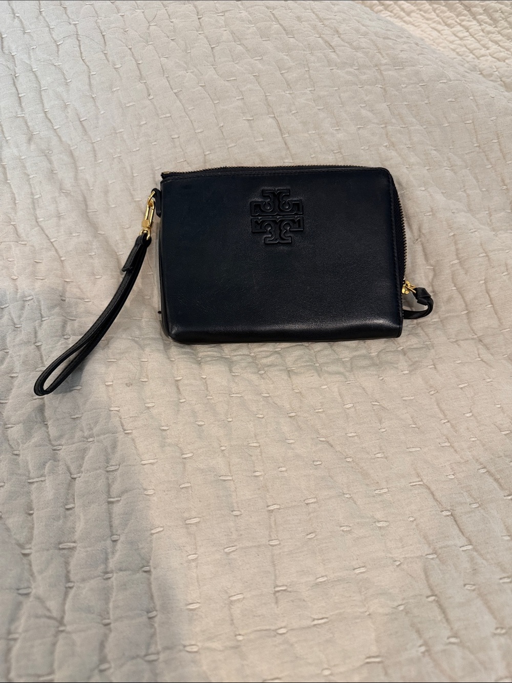 Tory Burch Black Leather Zip Wristlet with Embossed Logo